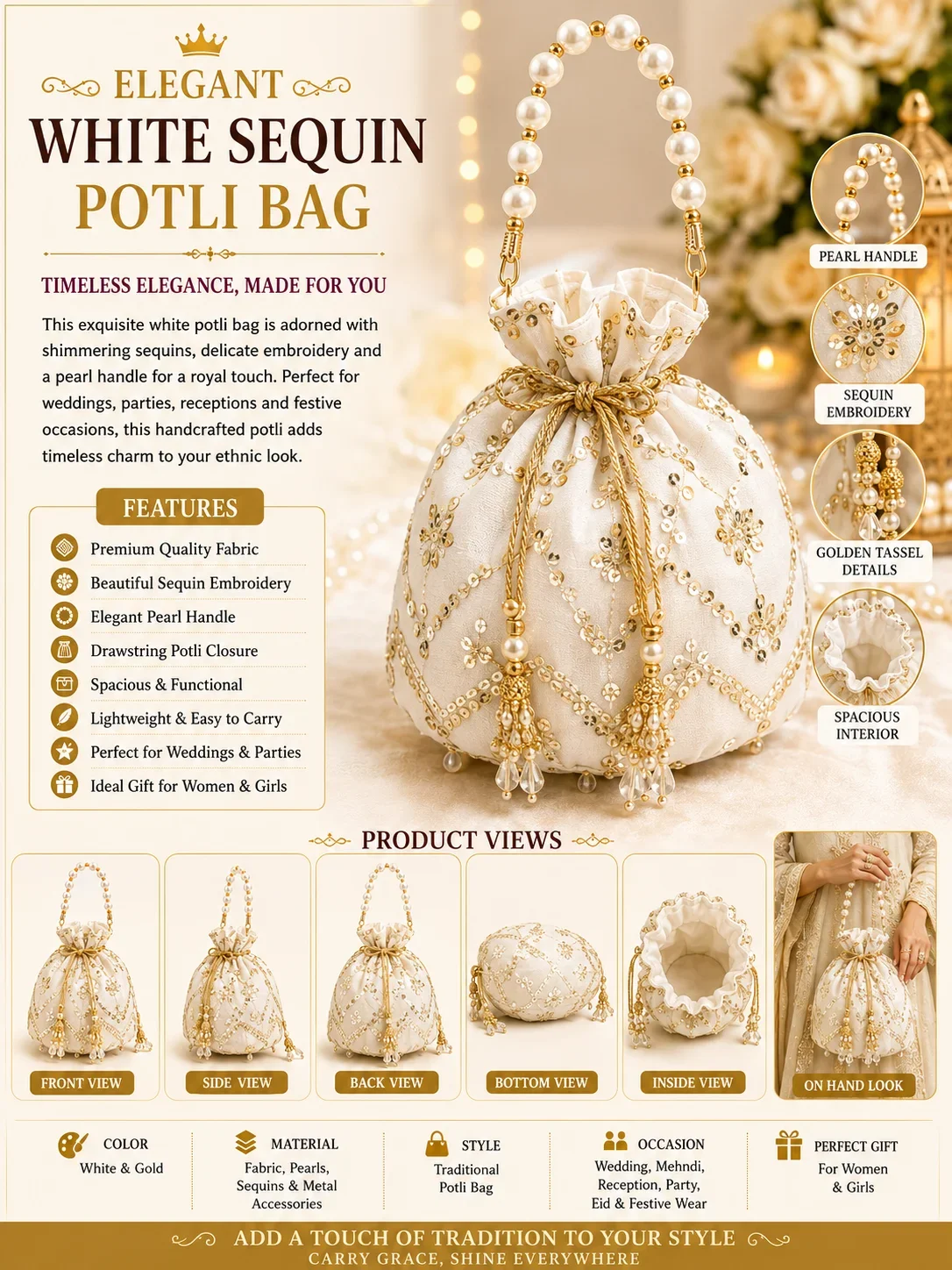 Elegant White Sequin Potli Bag with Pearl Handle – Bridal & Wedding Handbag