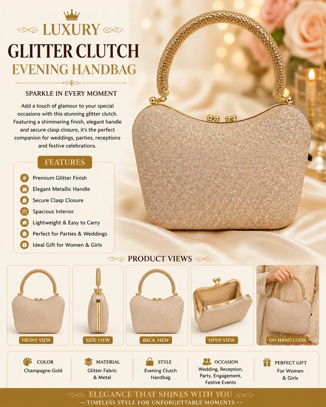 Luxury Champagne Gold Glitter Clutch Bag