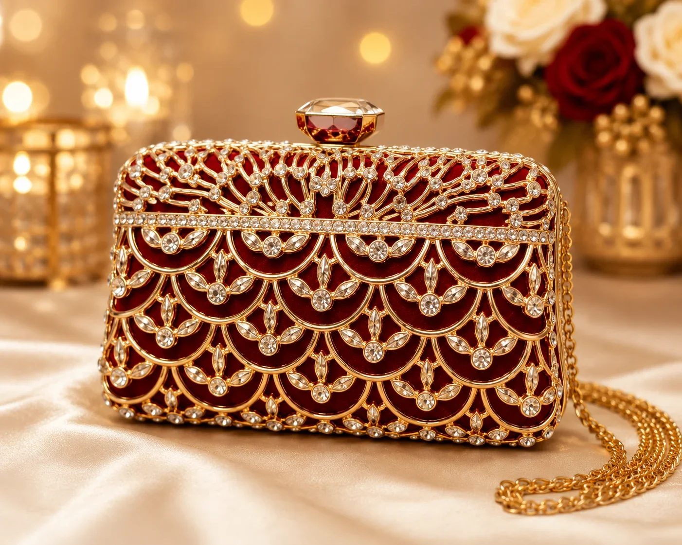 Royal Ruby Crystal Evening Clutch Bag – Luxury Red & Gold
