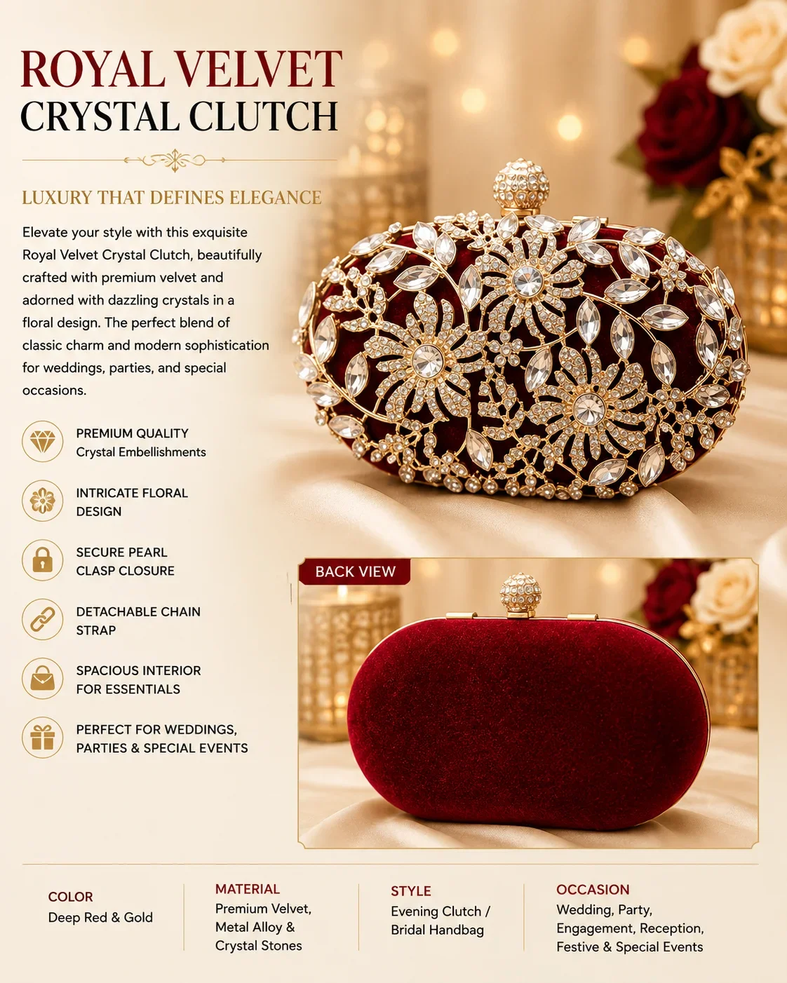 Royal Blossom Crystal Velvet Clutch Bag – Luxury Red Bridal Evening Purse