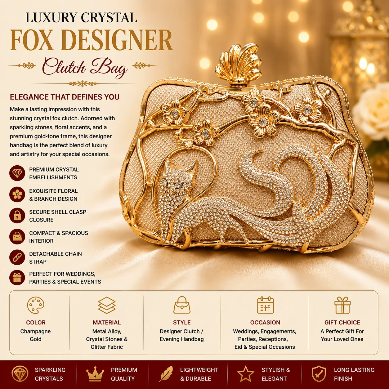 Luxury Crystal Fox Designer Clutch Bag
