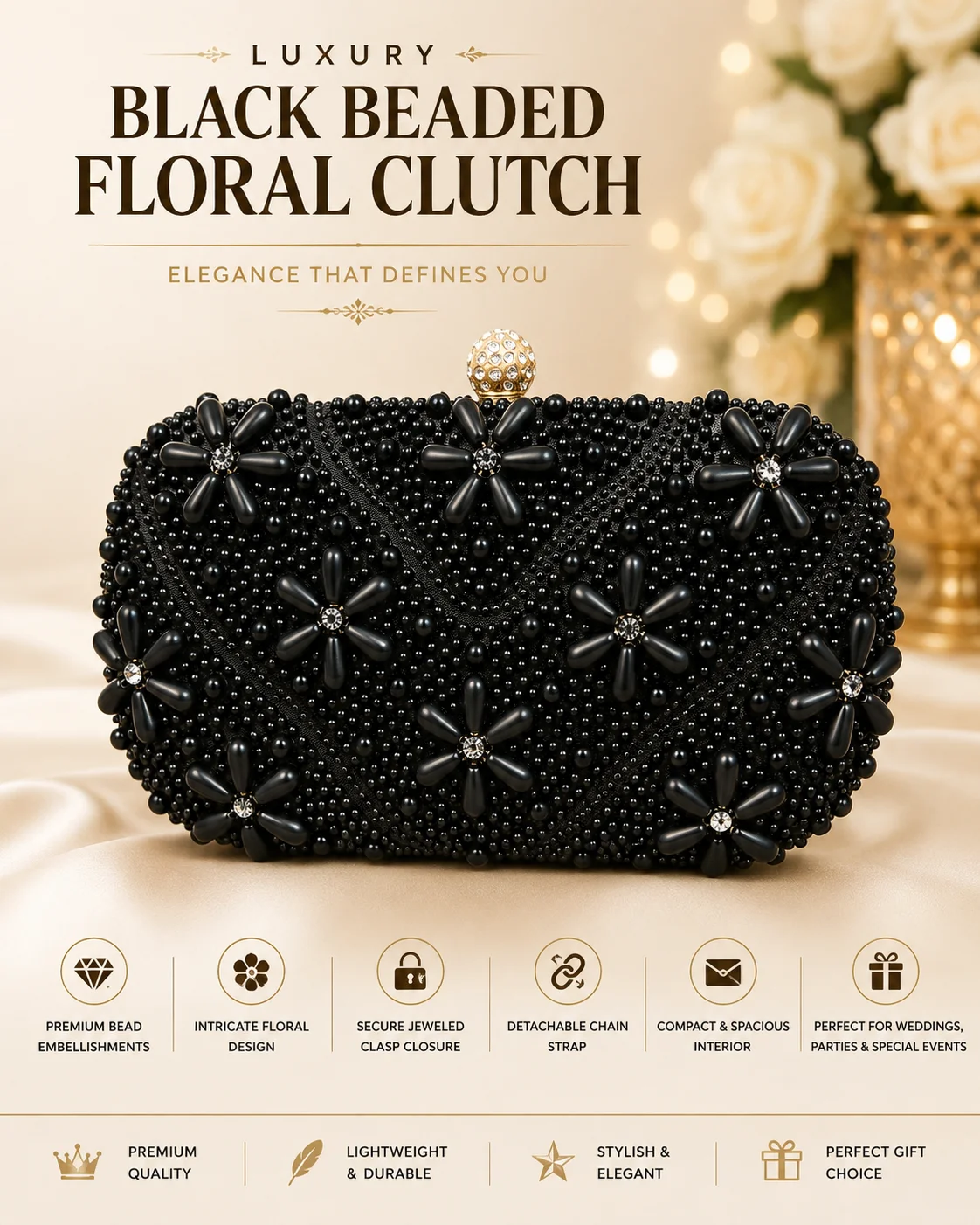 Luxury Black Beaded Floral Clutch Bag –