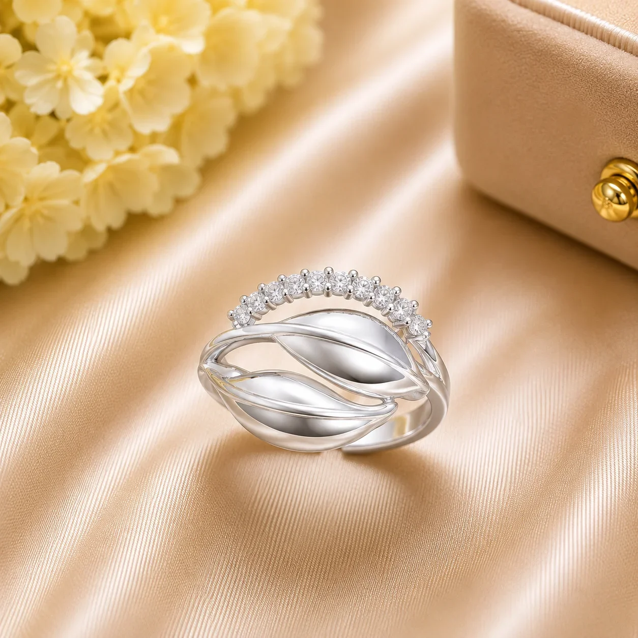 Luxury Silver Leaf Design Adjustable Ring