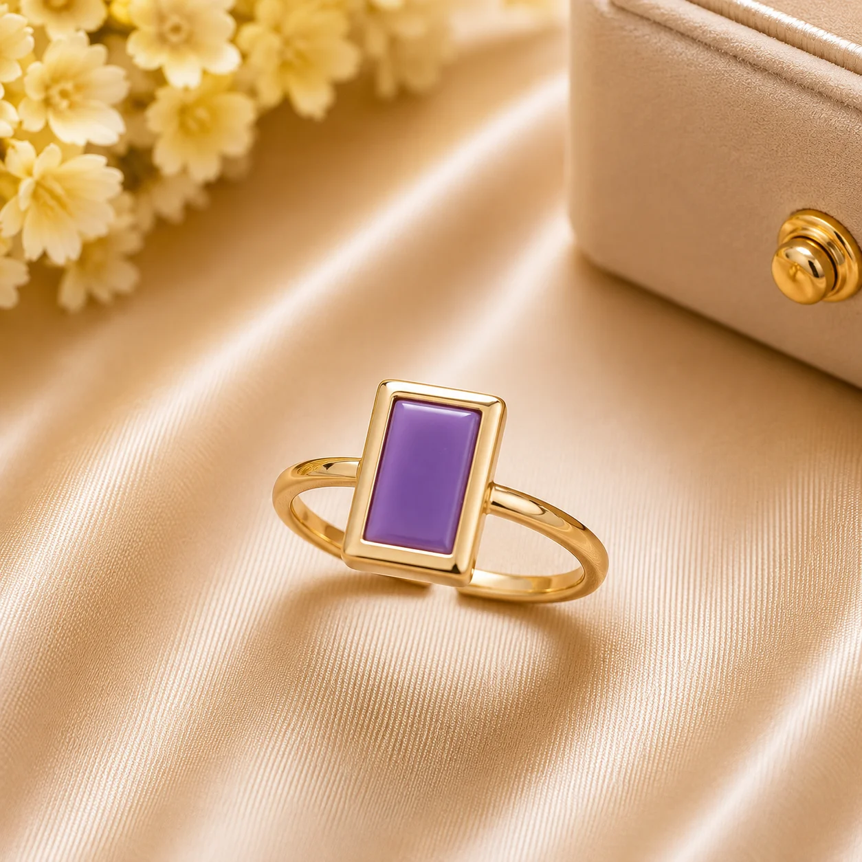 Luxury Gold Rectangular Purpule/Red Stone Adjustable Ring for Women
