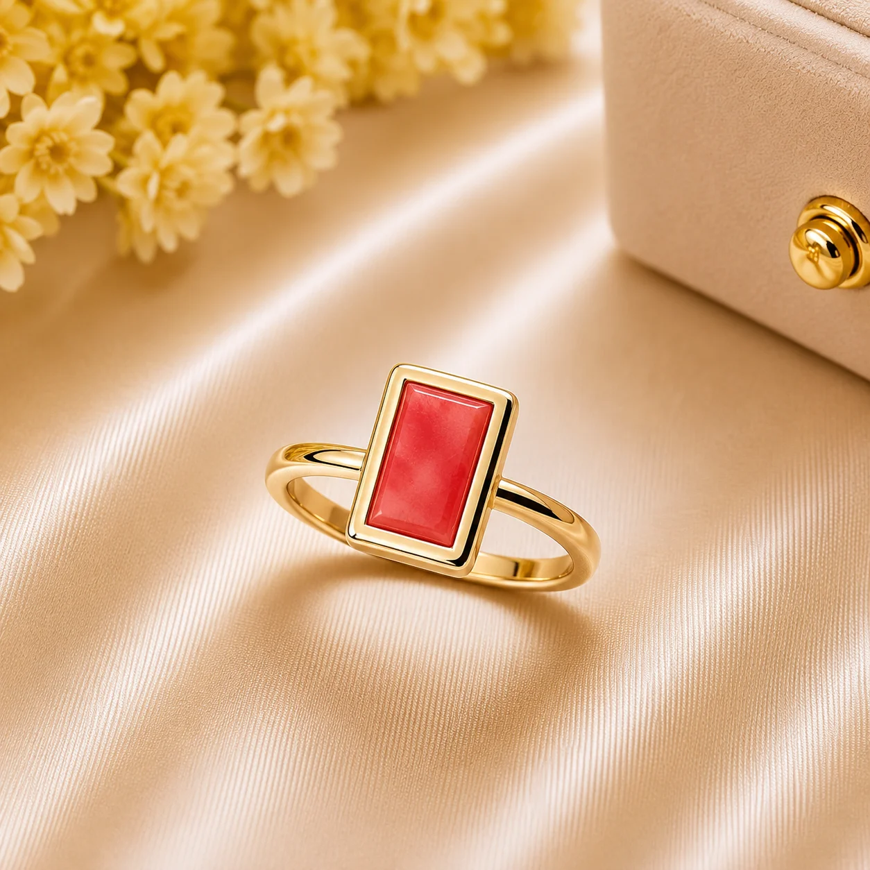 Luxury Gold Rectangular Purpule/Red Stone Adjustable Ring for Women