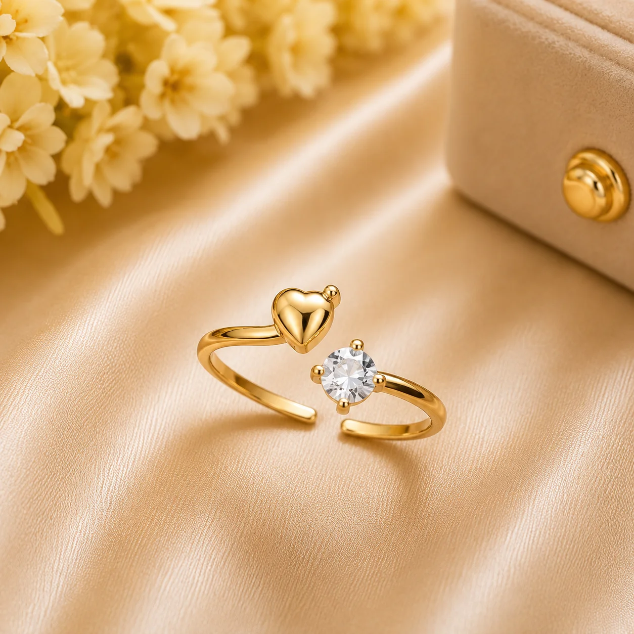 Luxury Gold Heart & Crystal Adjustable Ring for Women