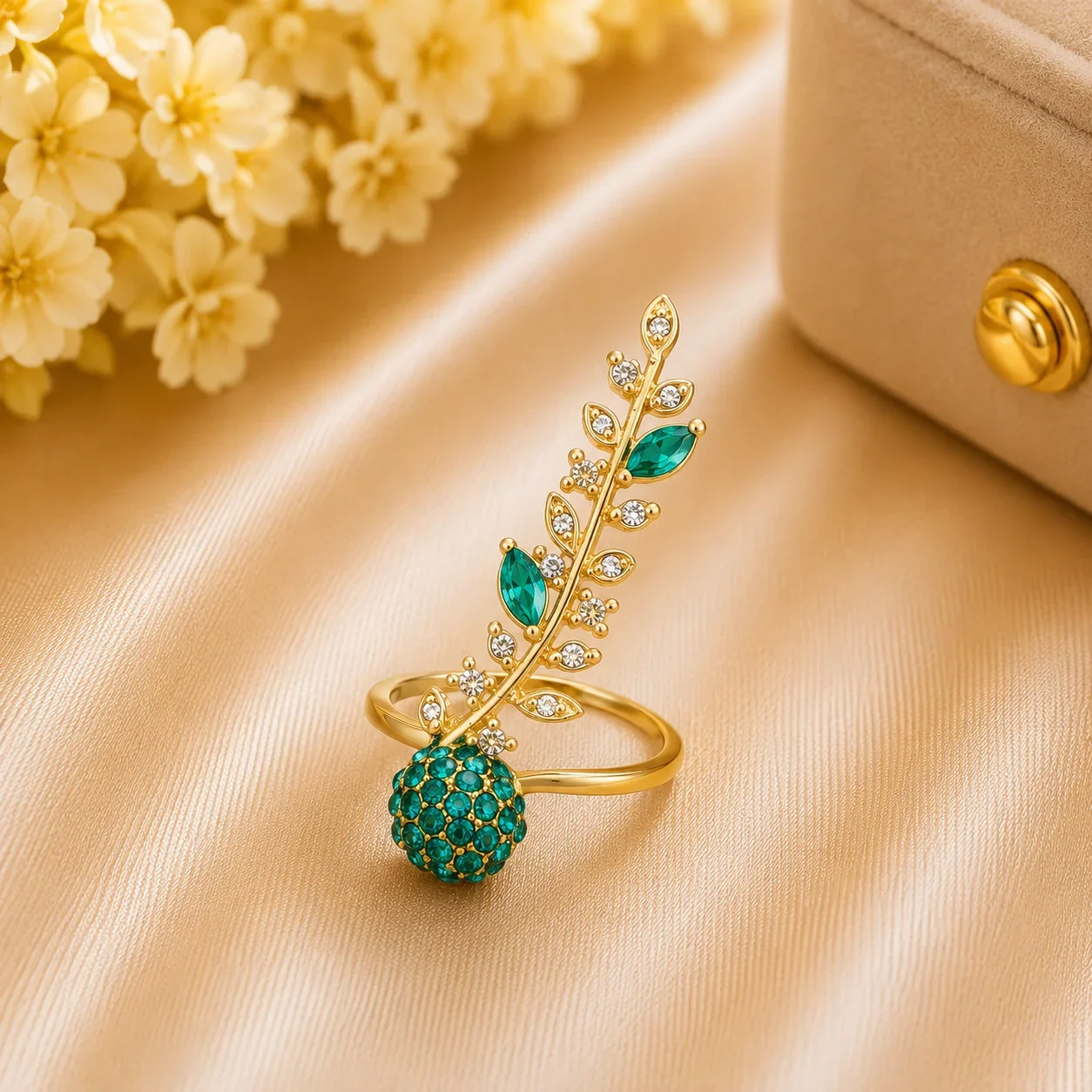 Luxury Emerald Leaf Adjustable Ring for Women