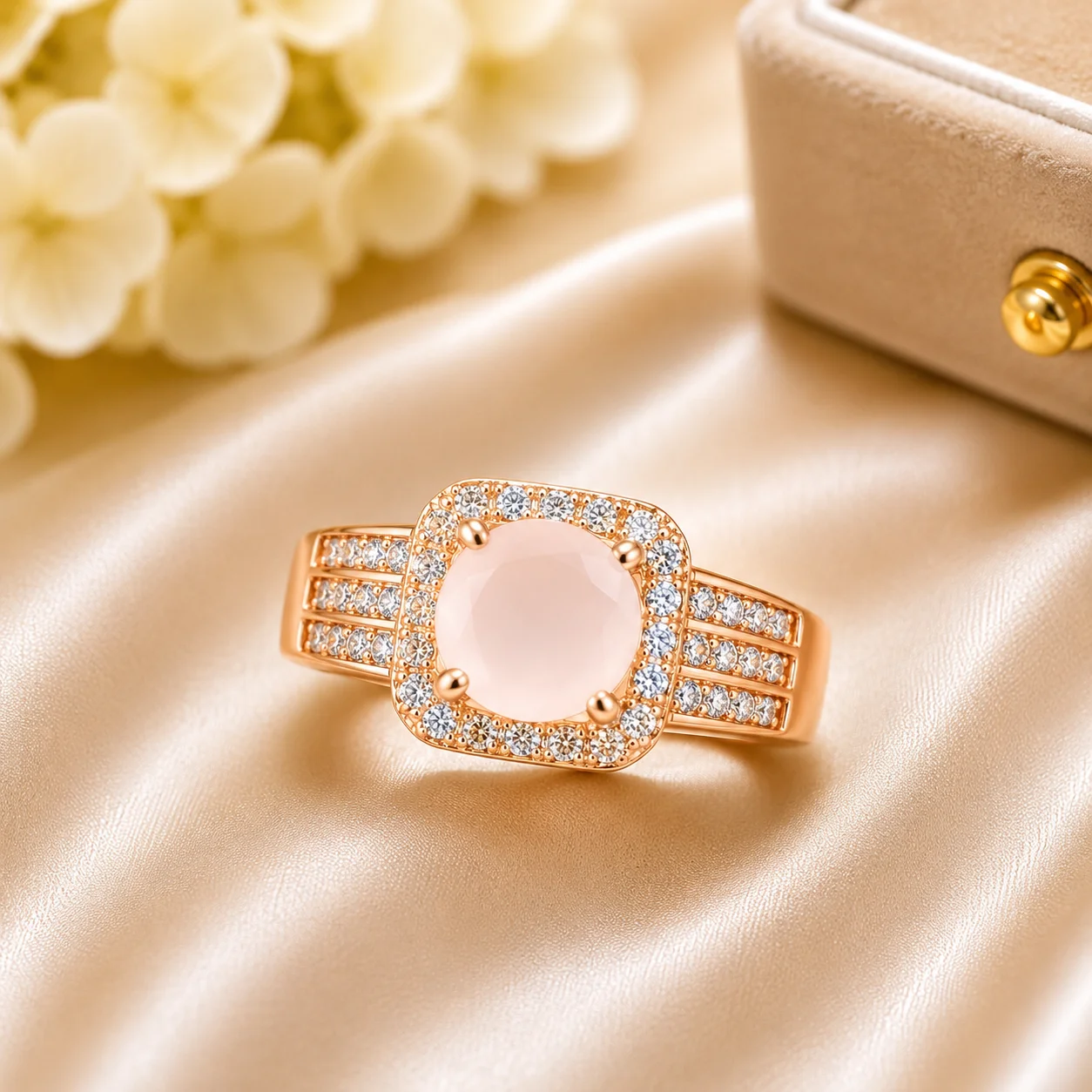 Rose Gold-Plated Pink Stone Adjustable Ring for Women