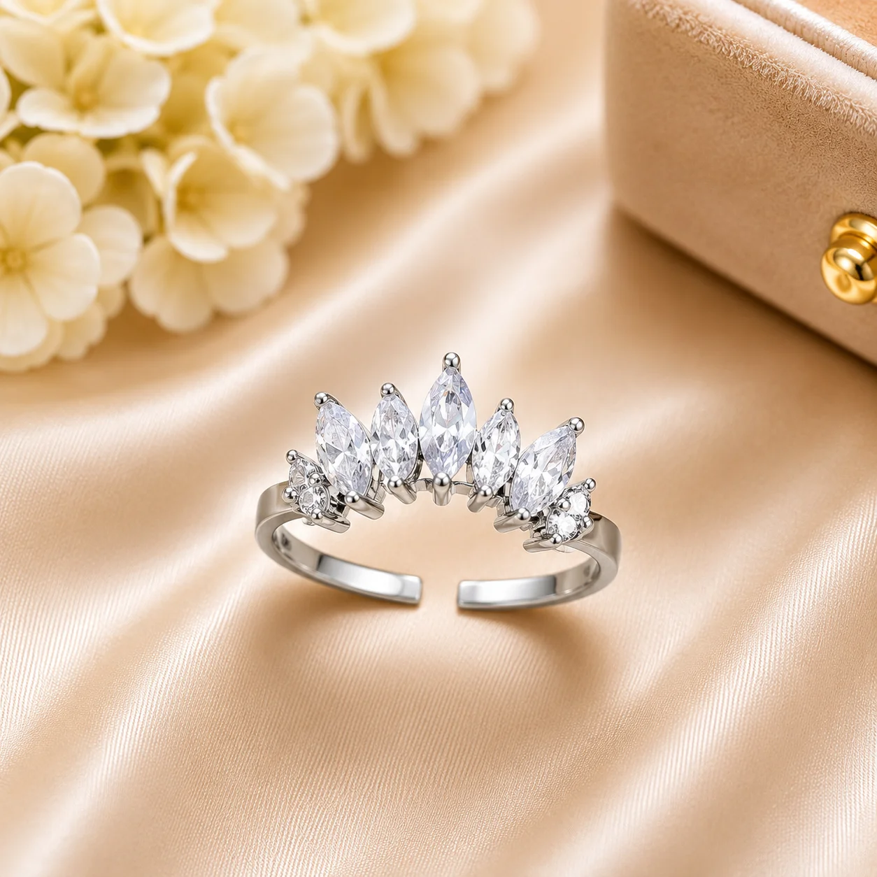 Silver-Tone Crown Design Adjustable Ring for Women