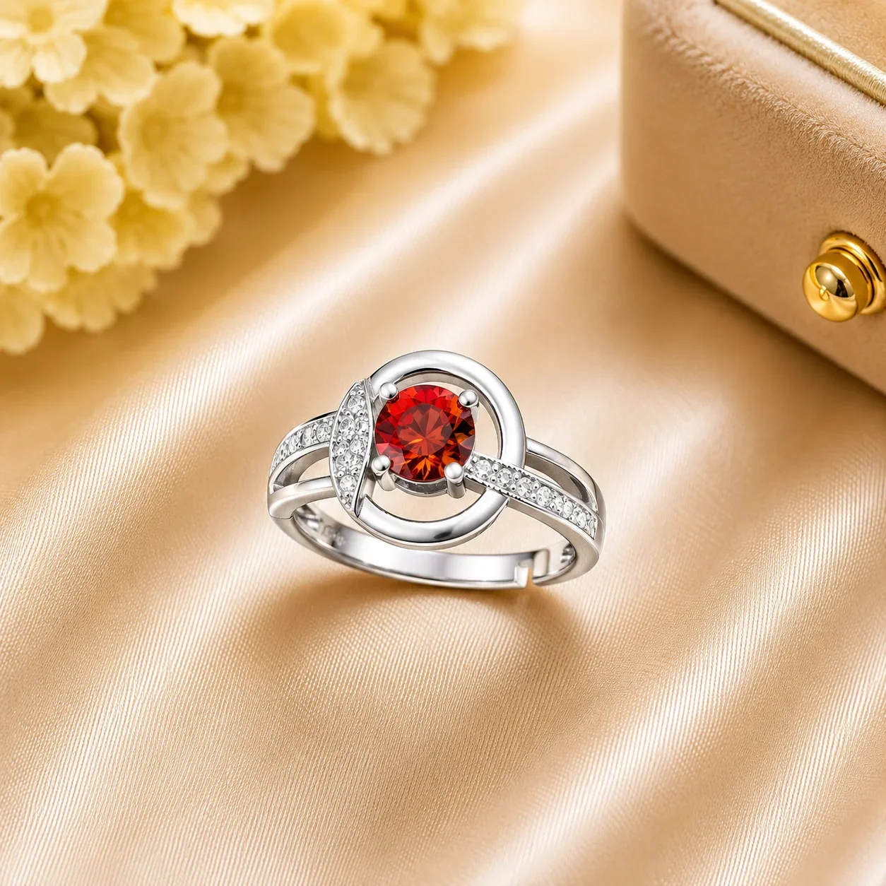Elegant Silver Red Crystal Adjustable Ring for Women