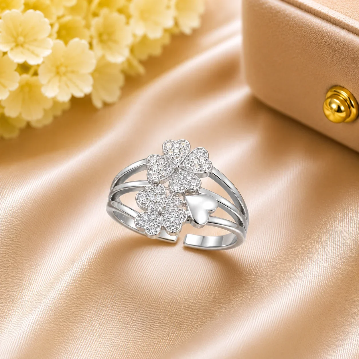 Elegant Silver Floral Adjustable Ring for Women