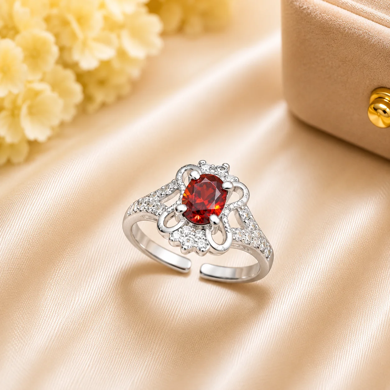 Elegant Silver Ruby Floral Adjustable Ring for Women