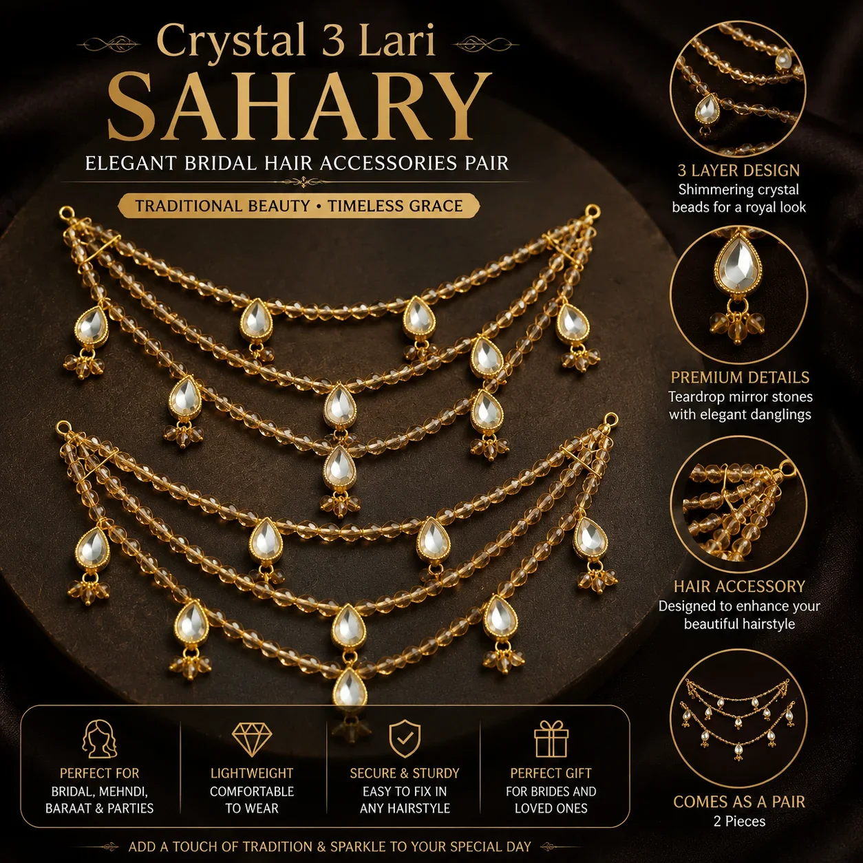 Crystal 3 Lari Sahary – Elegant Bridal Hair Accessories Pair