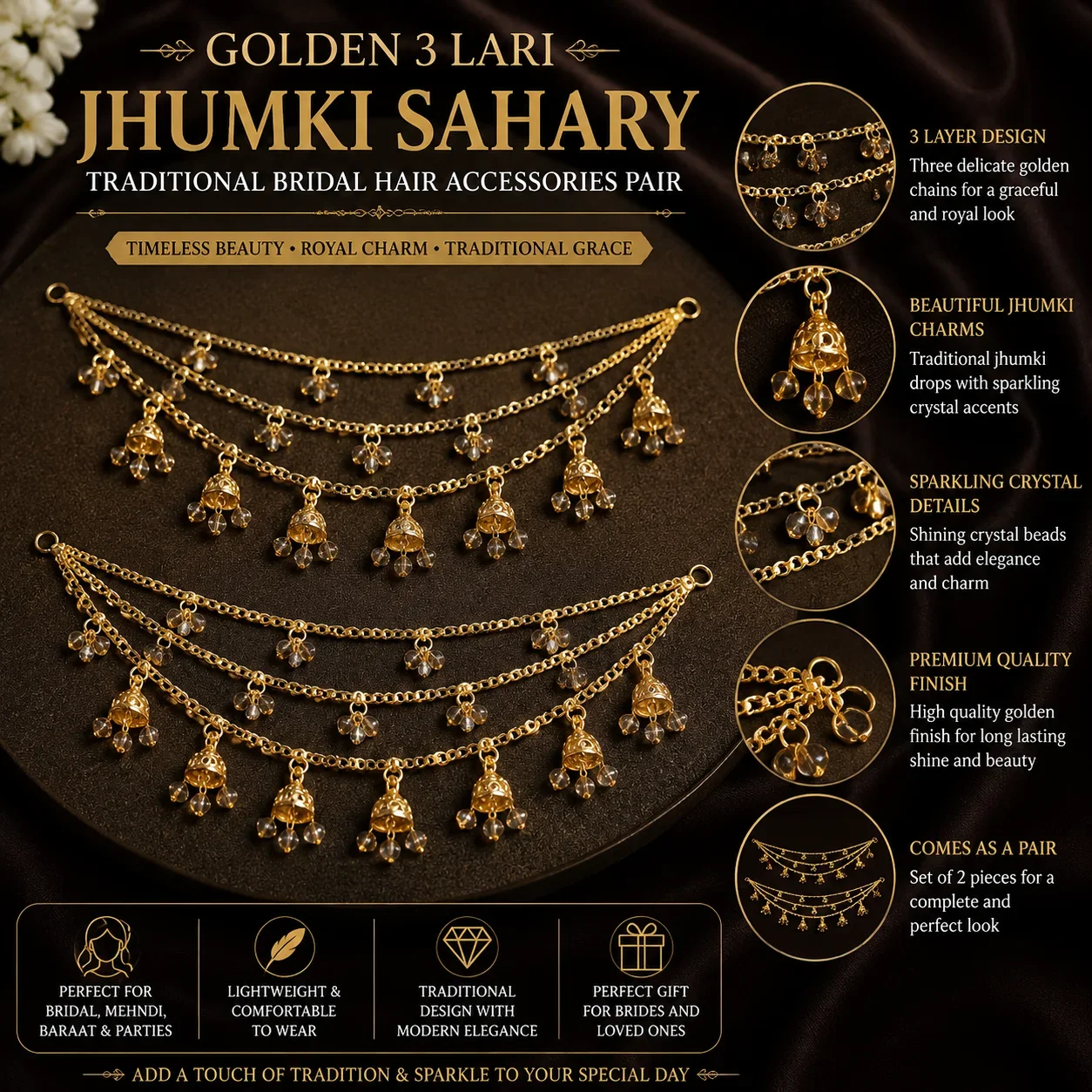Golden 3 Lari Jhumki Sahary – Traditional Bridal Hair Accessories Pair