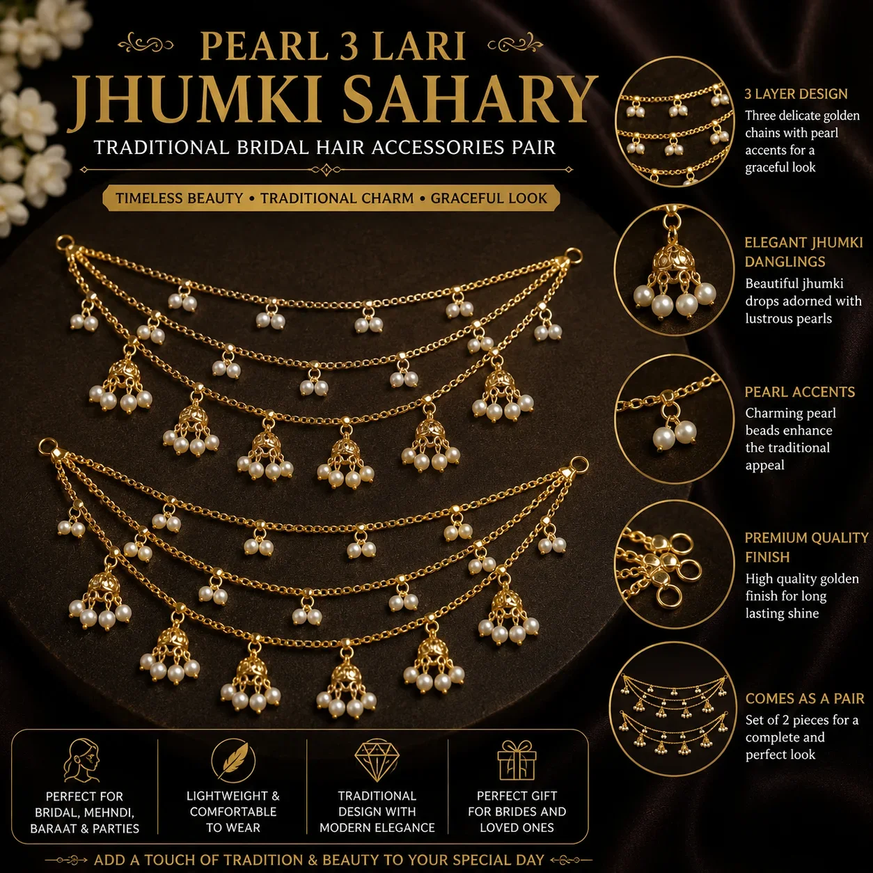 Pearl 3 Lari Jhumki Sahary – Traditional Bridal Hair Accessories