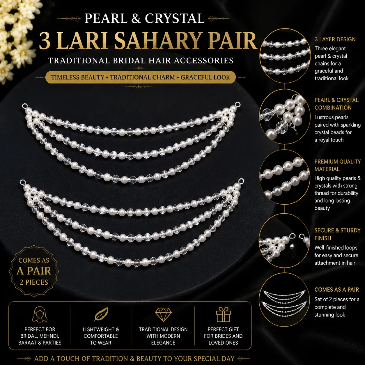 Elegant Pearl & Crystal Layered Matha Patti