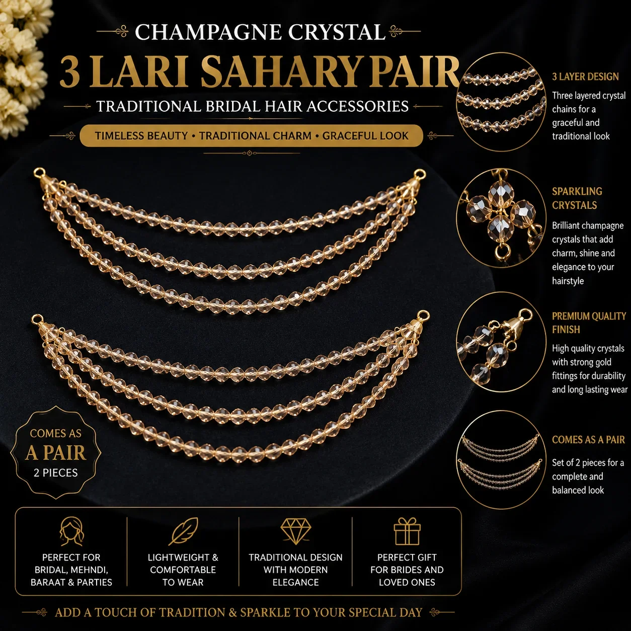 Champagne Crystal 3 Lari Sahary Pair – Bridal Hair Accessories