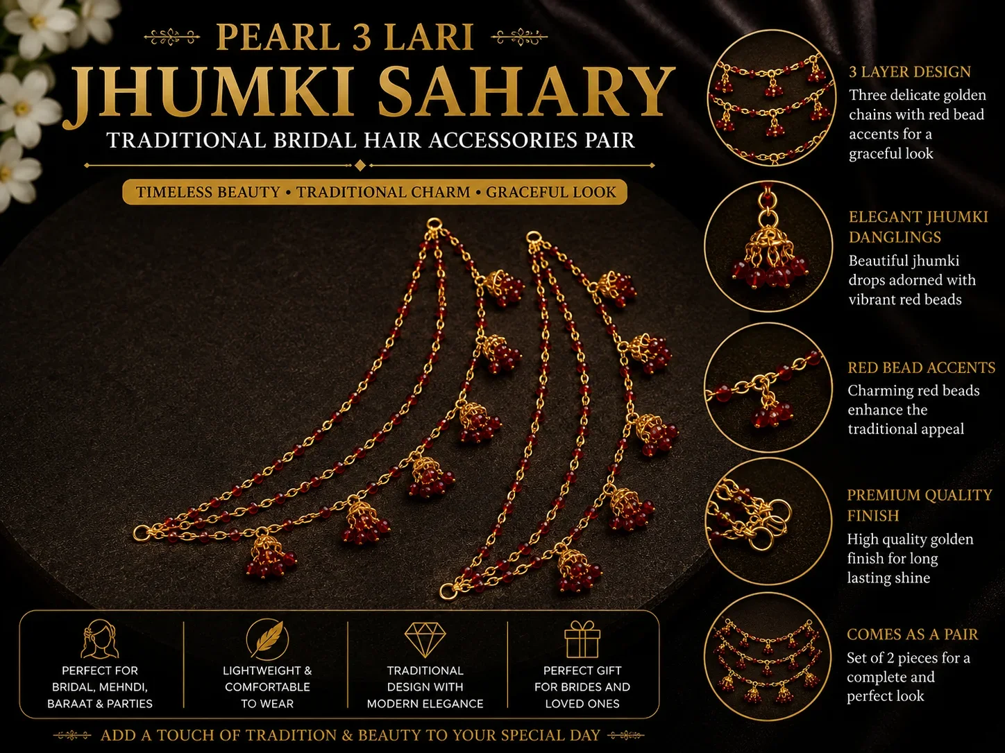 Ruby Red Jhumki Sahary – Traditional Bridal Hair Accessory Pair