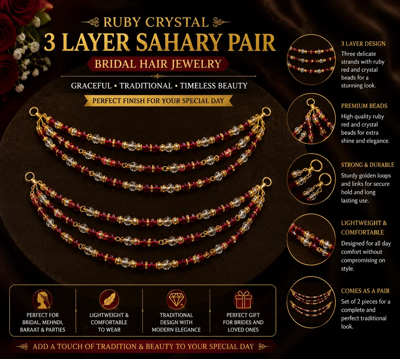 Ruby Crystal 3 Layer Sahary Pair – Bridal Hair Jewelry
