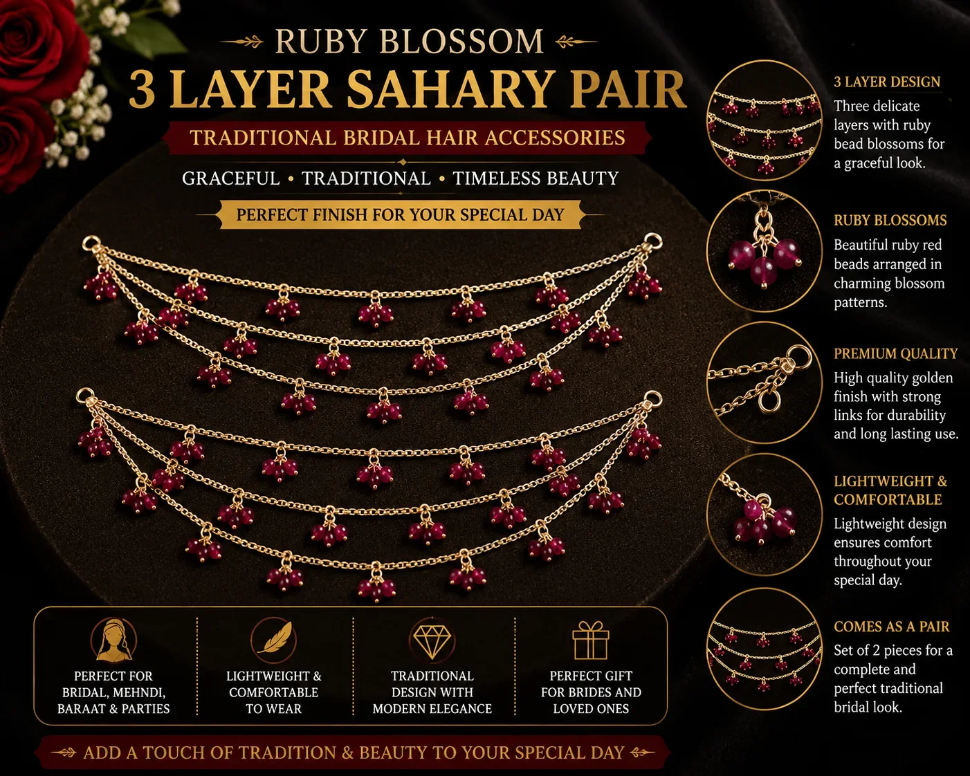 Ruby Blossom 3 Layer Sahary Pair – Traditional Bridal Hair Accessories