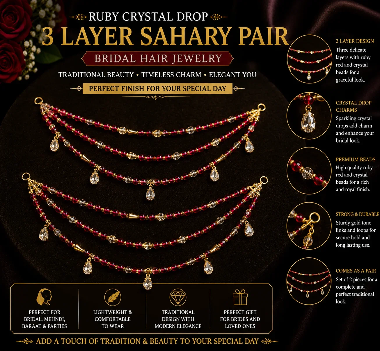 Ruby Crystal Drop 3 Layer Sahary Pair – Bridal Hair Jewelry