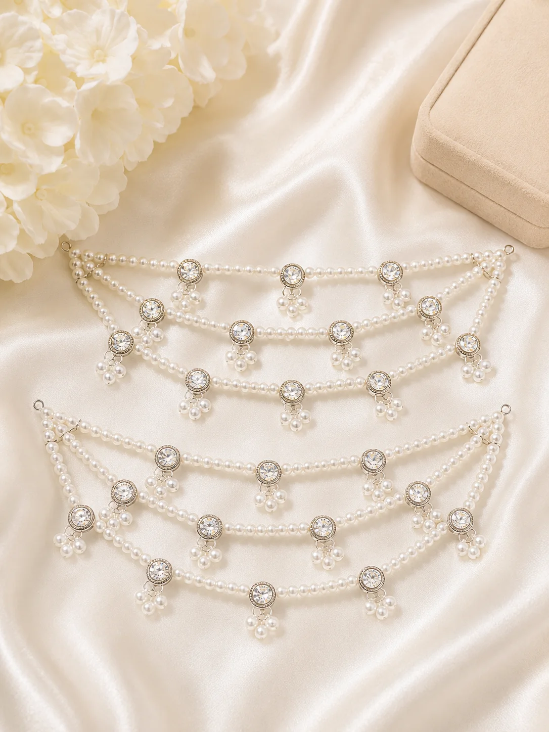 White Pearl & Crystal Bridal Hair Garland