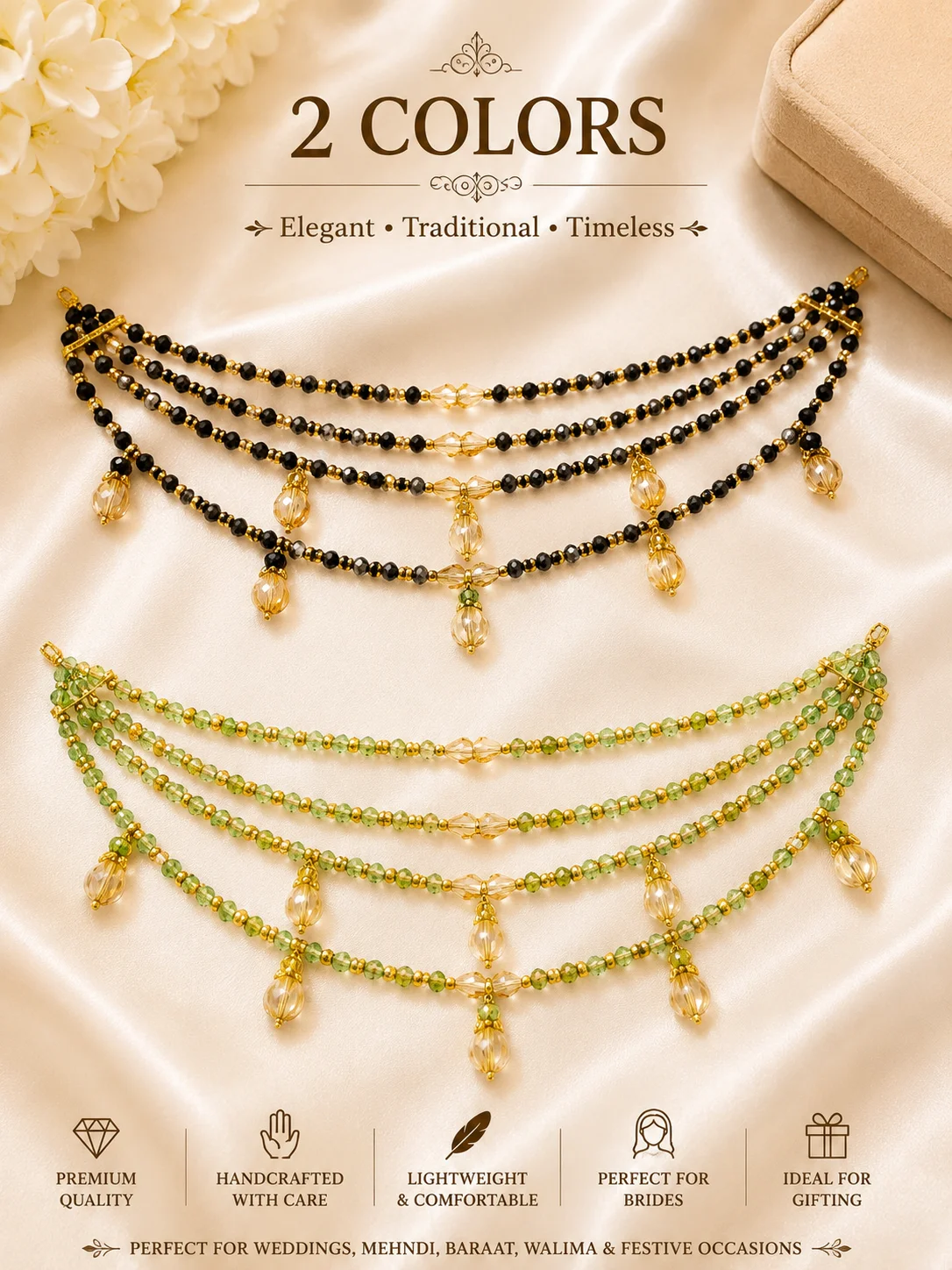 Black & Green Crystal Bridal Hair Garland Set.