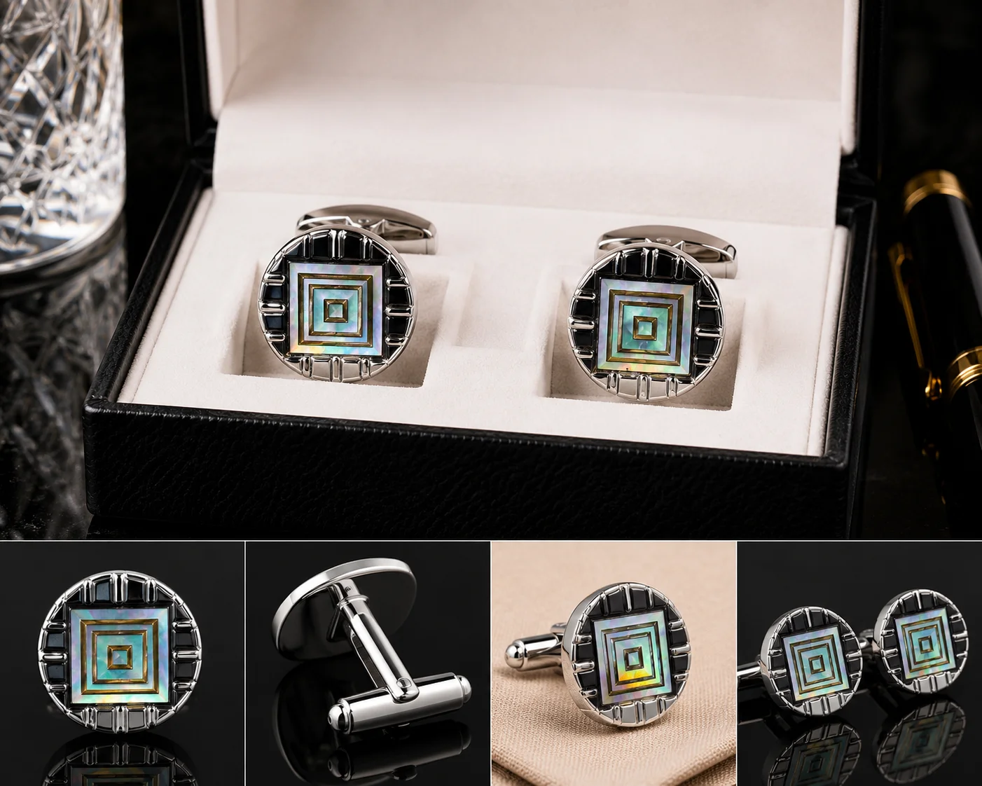 Luxury Silver Geometric Cufflinks for Men – Iridescent Square Design