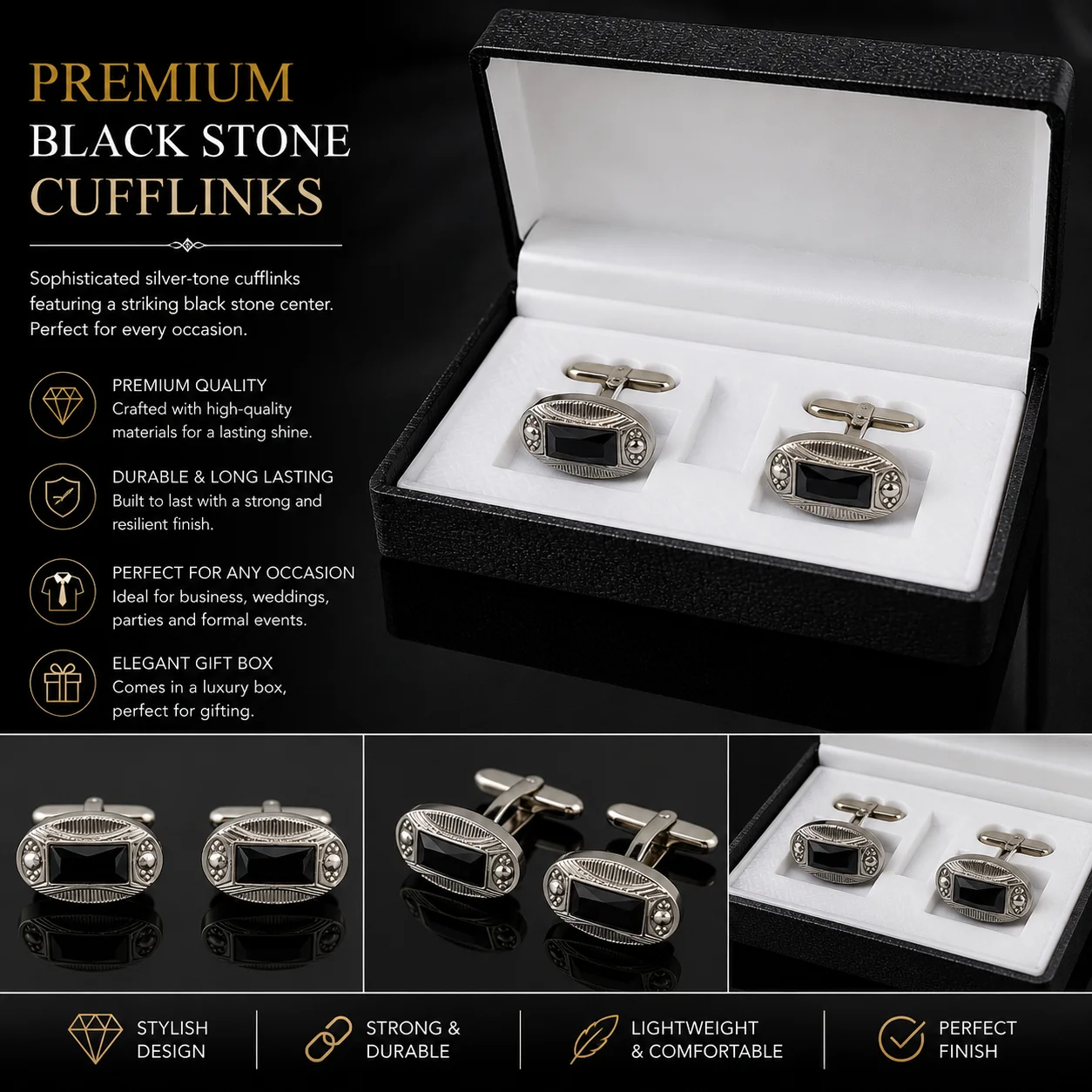 Luxury Oval Black Stone Cufflinks