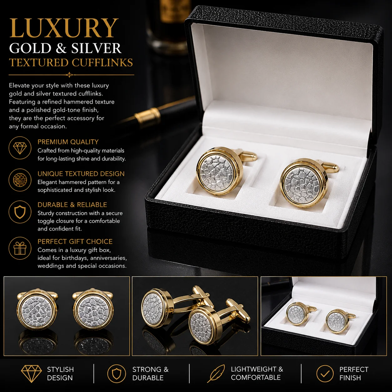 Luxury Gold & Silver Textured Cufflinks