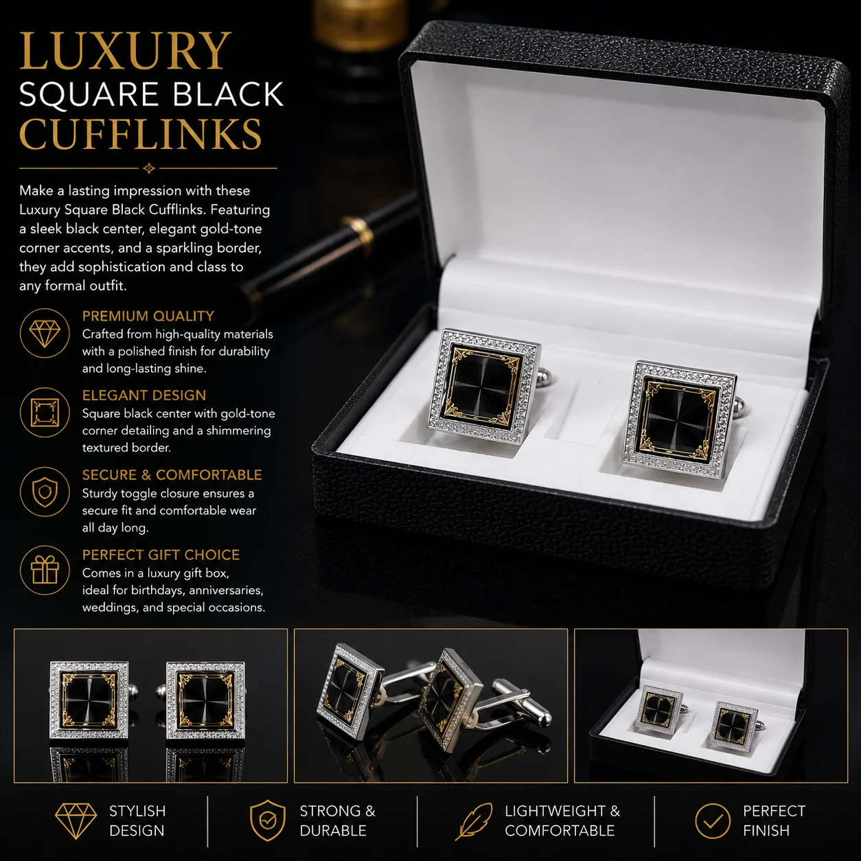 Luxury Black Crystal Square Cufflinks
