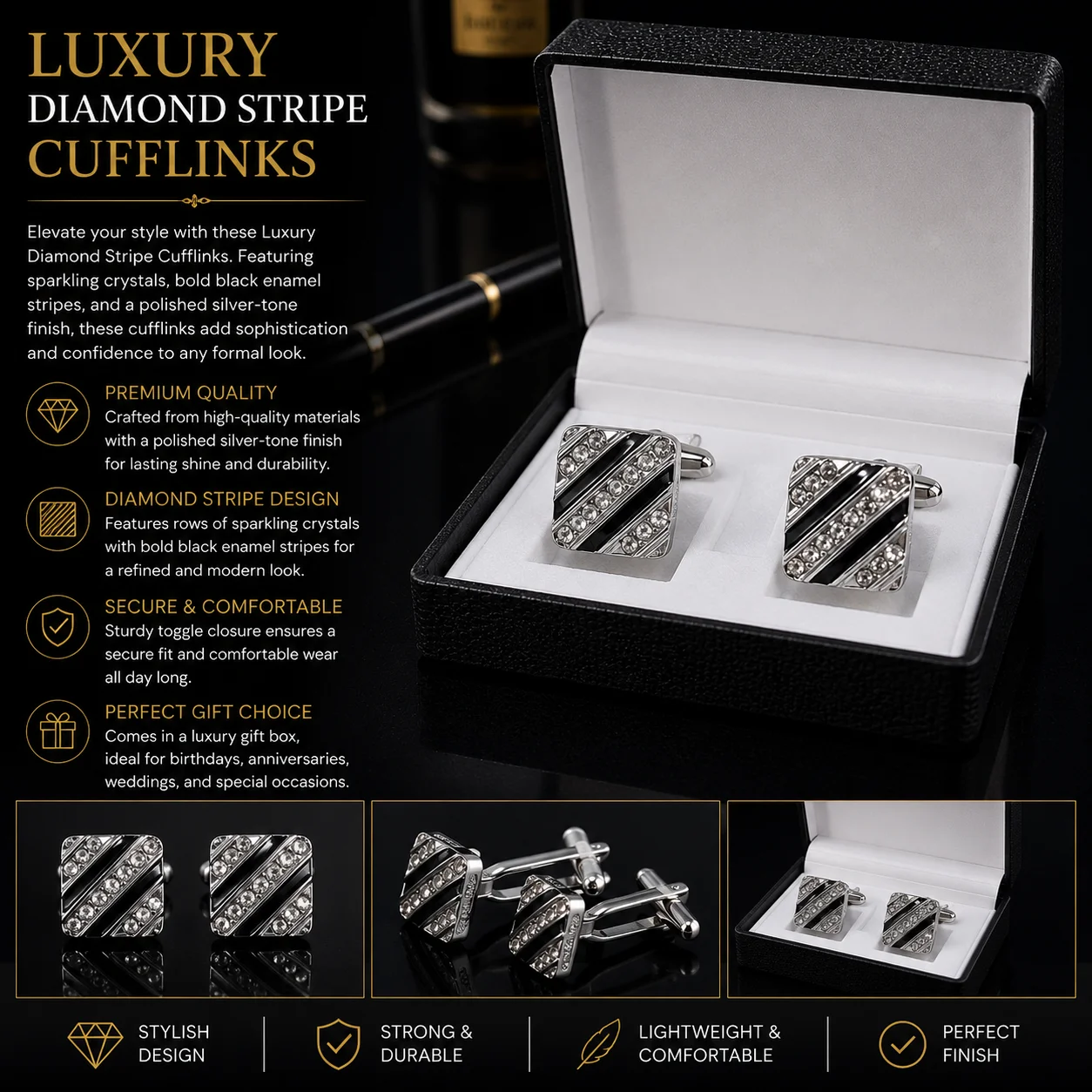 Luxury Diamond Stripe Cufflinks