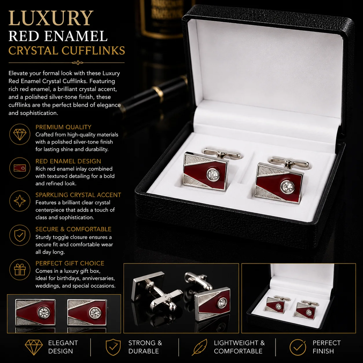 Luxury Red & BLACK Enamel Crystal Cufflinks