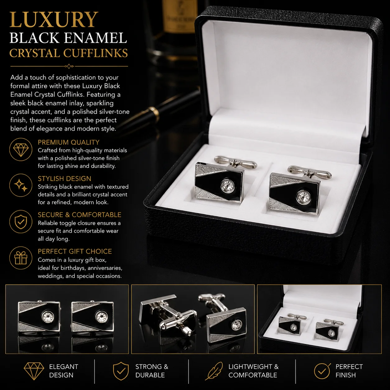Luxury Red & BLACK Enamel Crystal Cufflinks