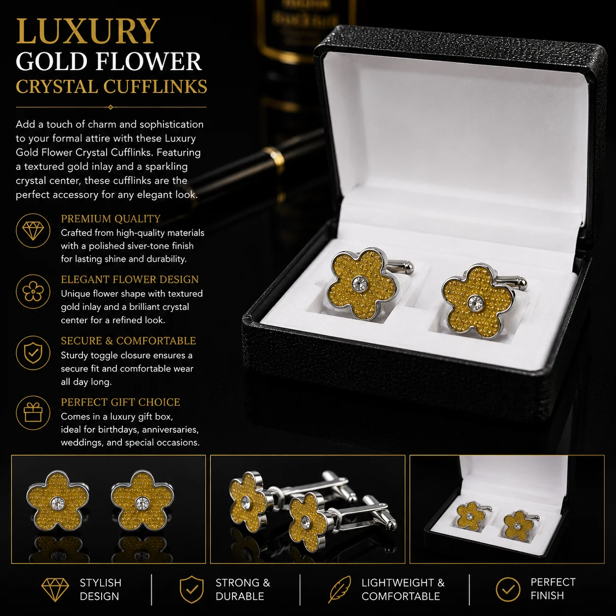 Luxury Gold & Black Flower Crystal Cufflinks