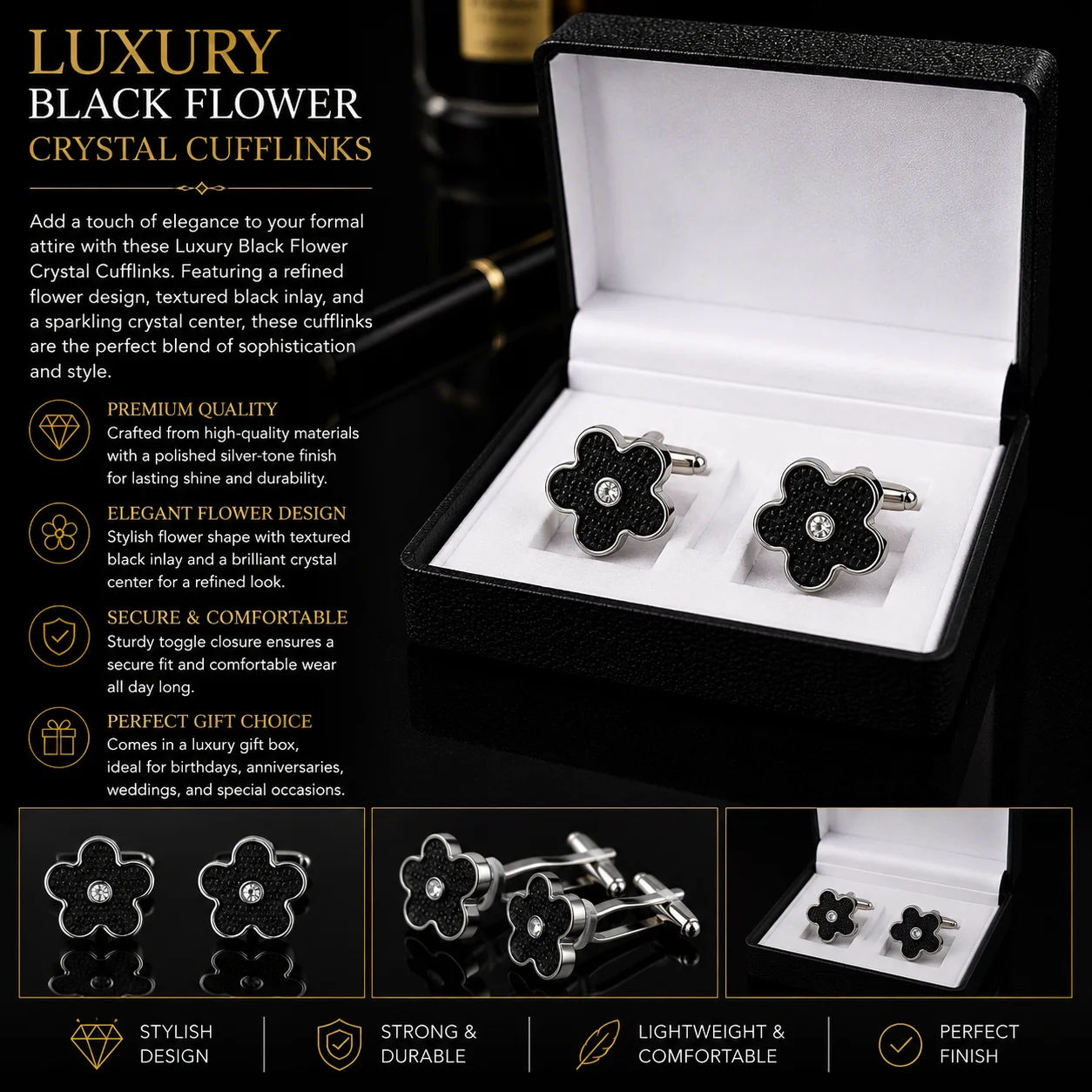 Luxury Gold & Black Flower Crystal Cufflinks