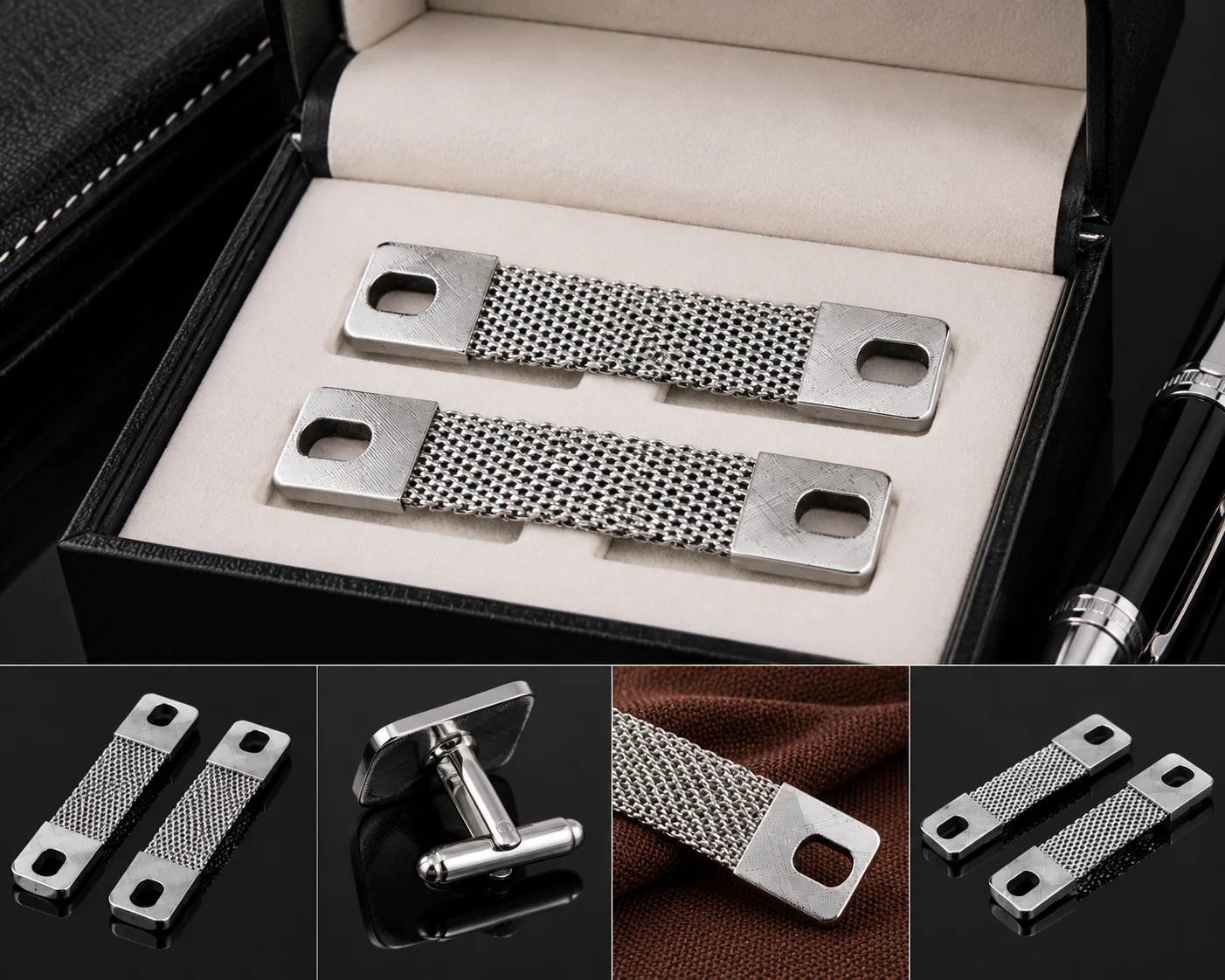 Premium Silver Mesh Chain Cufflinks for Men