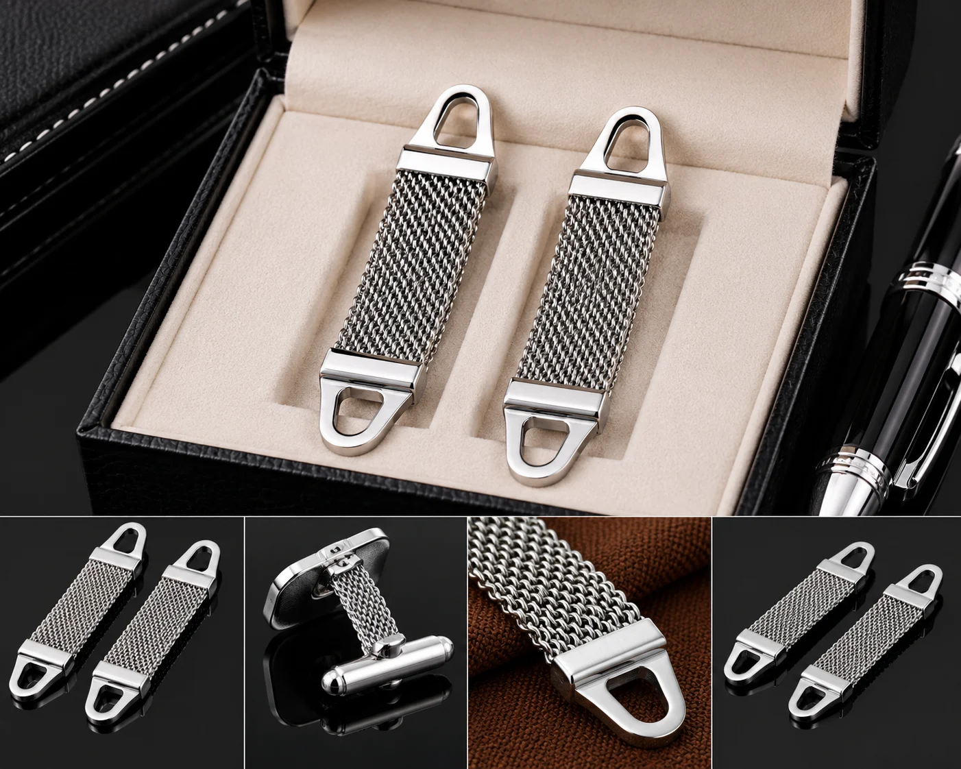 Premium Silver Mesh Chain Cufflinks for Men