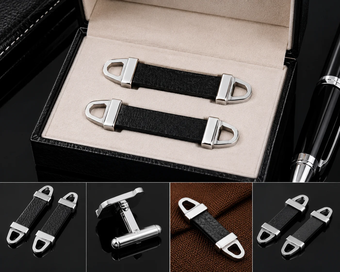 Premium Black Leather Chain Link Cufflinks for Men
