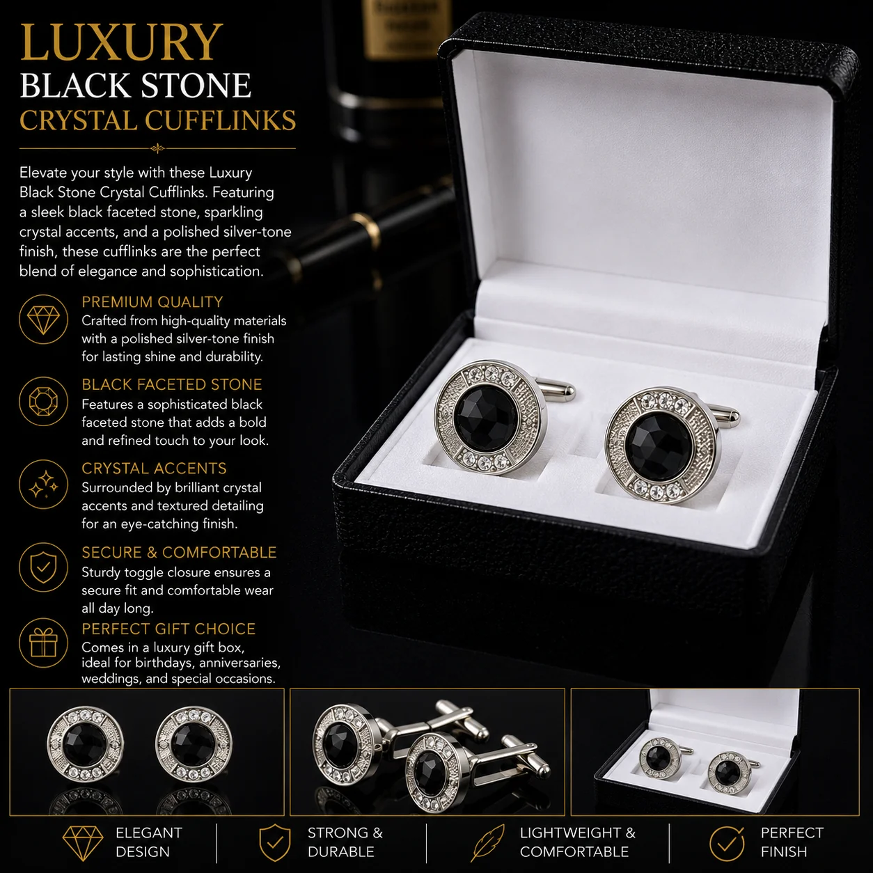 Luxury Black Stone Crystal Cufflinks for Men