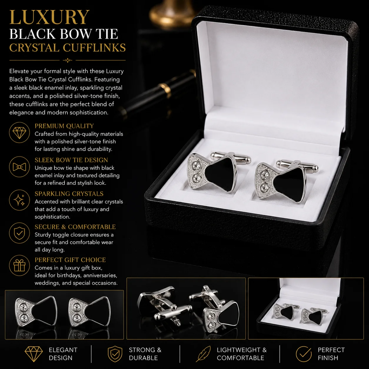 SmartCare Luxury Black Bow Tie Crystal Cufflinks for Men