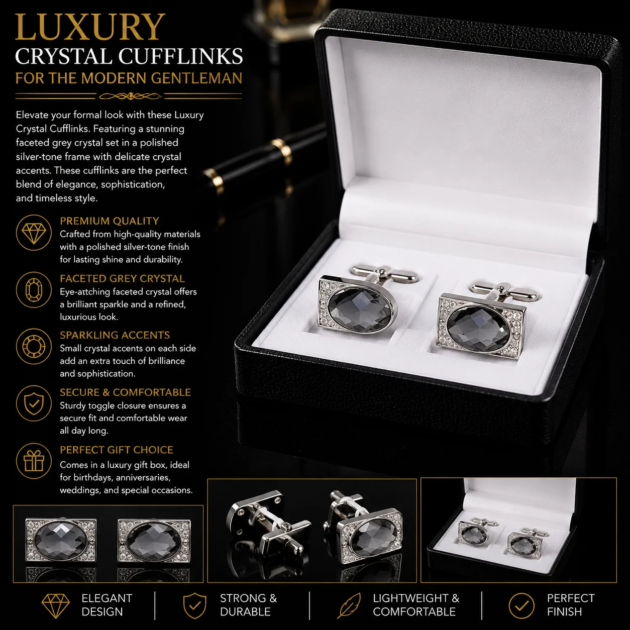 SmartCare Luxury Grey Crystal Cufflinks for Men