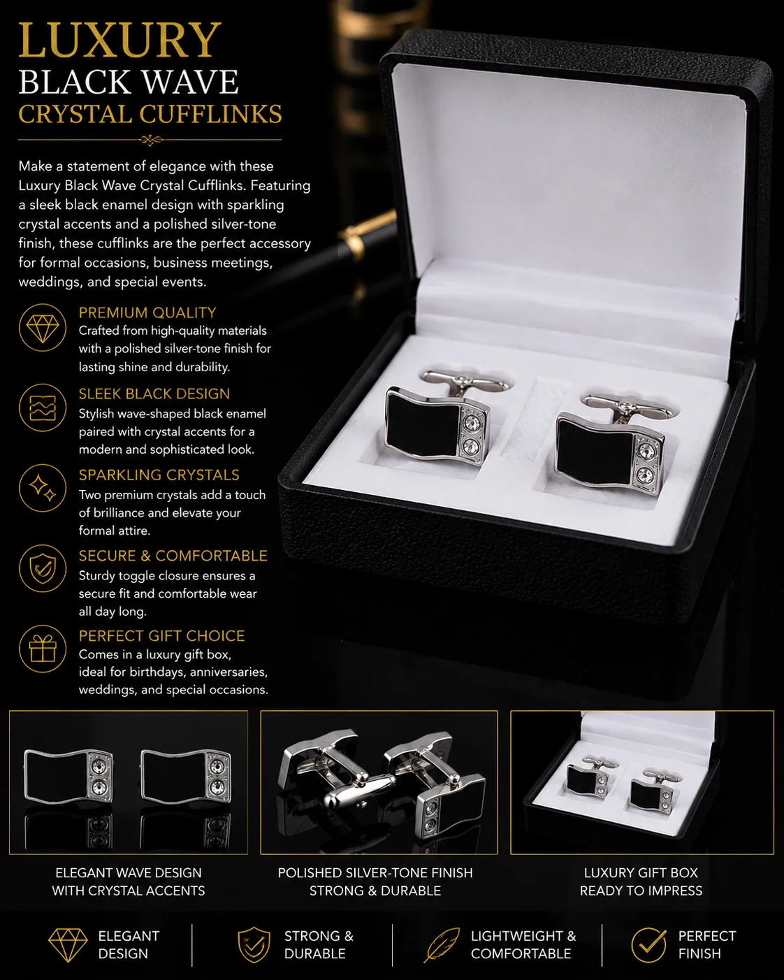 Luxury Black Crystal Designer Cufflinks for Men