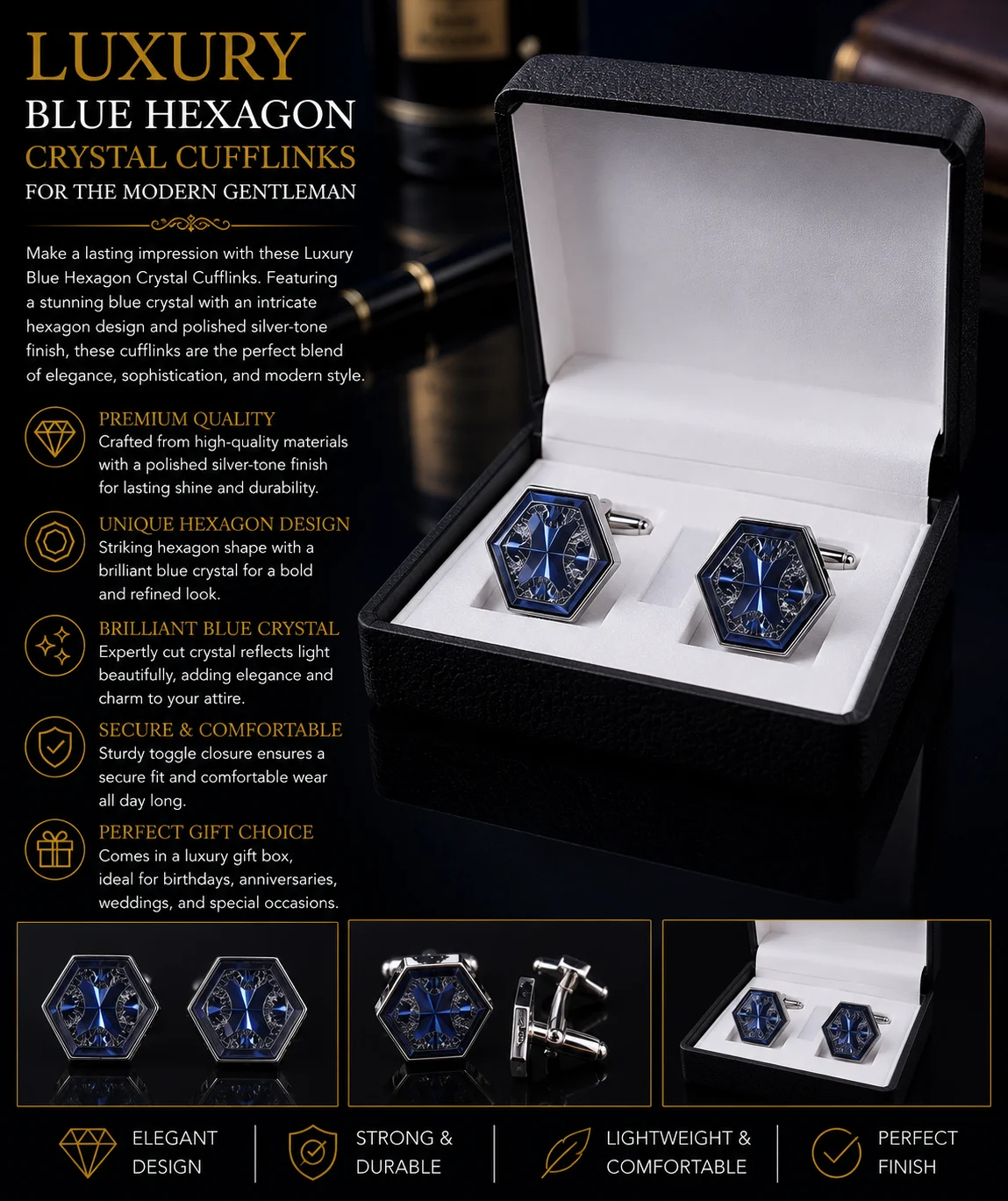 Luxury Blue Hexagon Crystal Cufflinks for Men