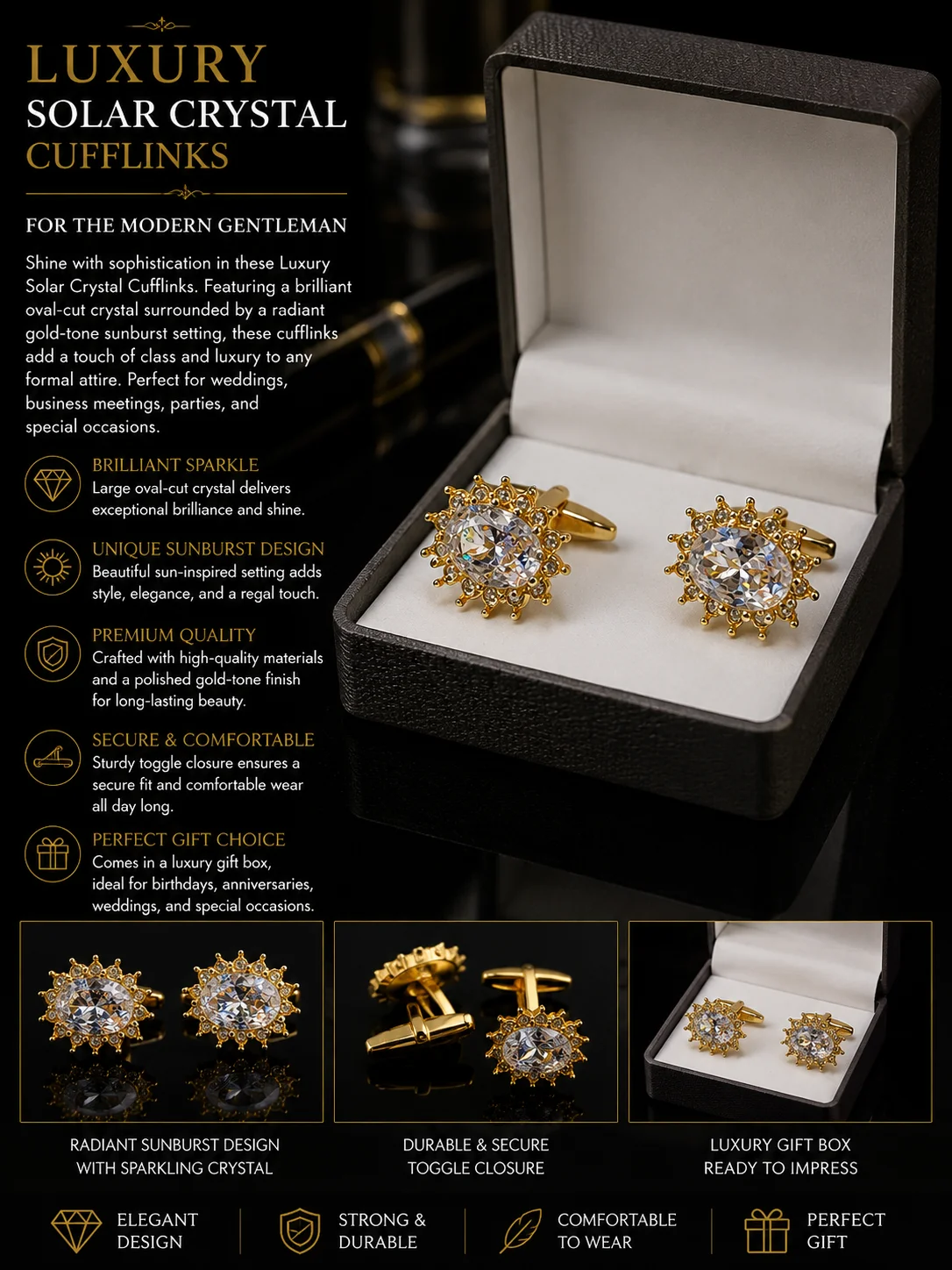 Luxury Solar ZARKAN Gold Cufflinks for Men