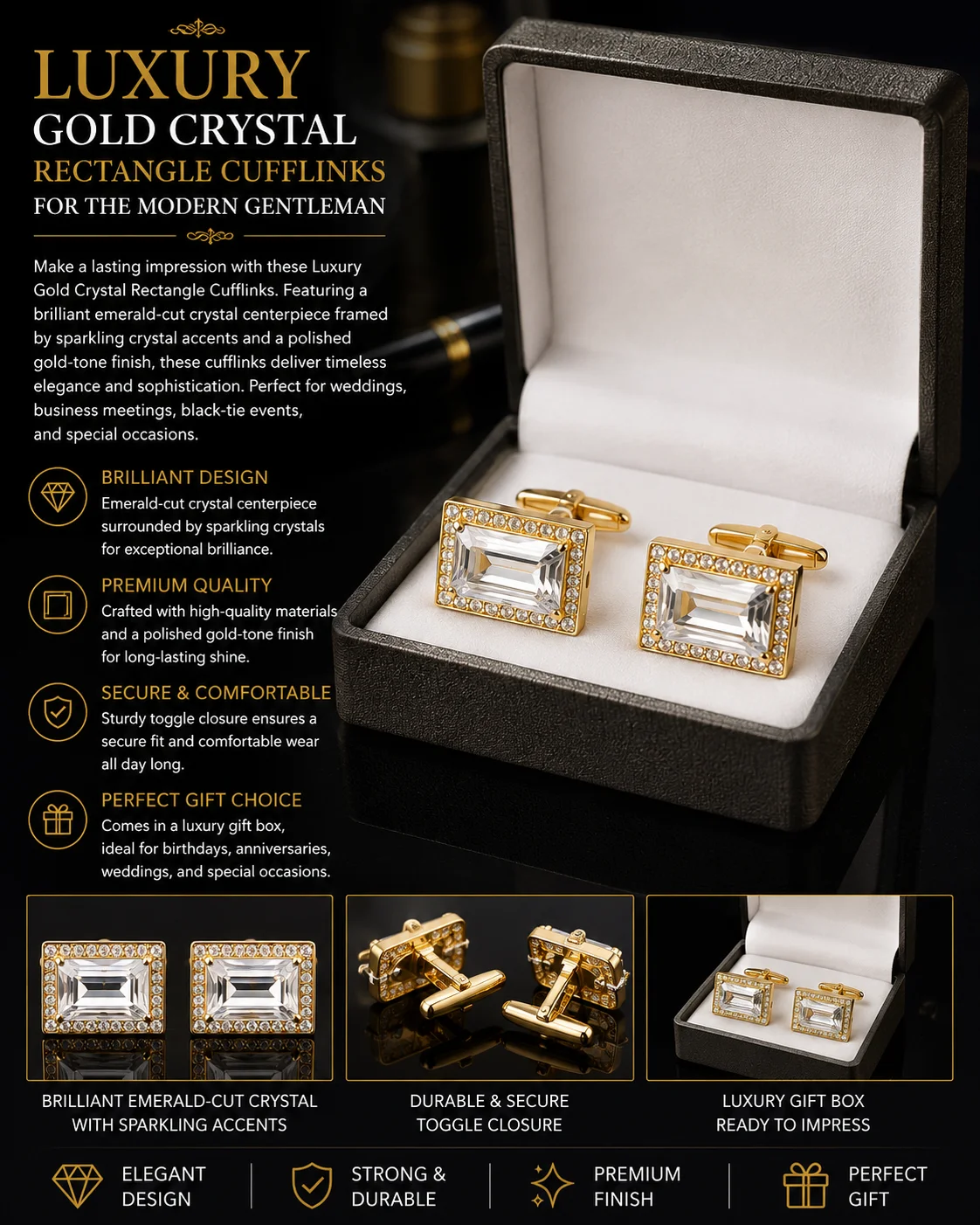 Luxury Gold ZARKAN Rectangle Cufflinks for Men