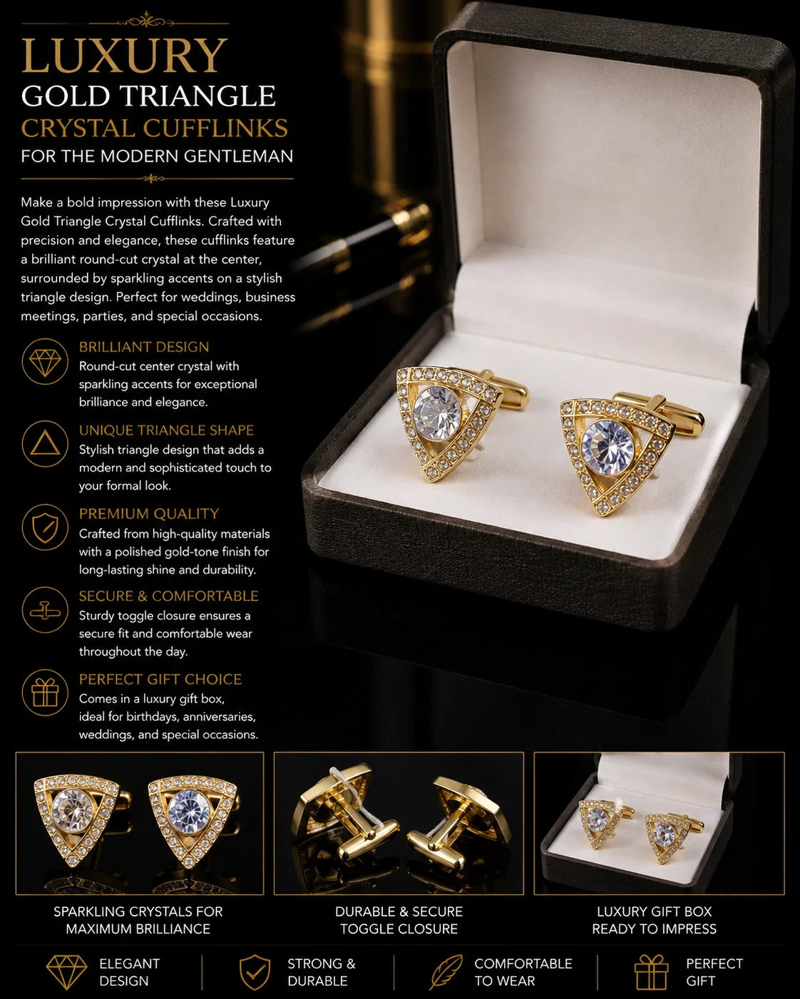 Luxury Gold Triangle ZARKAN Cufflinks