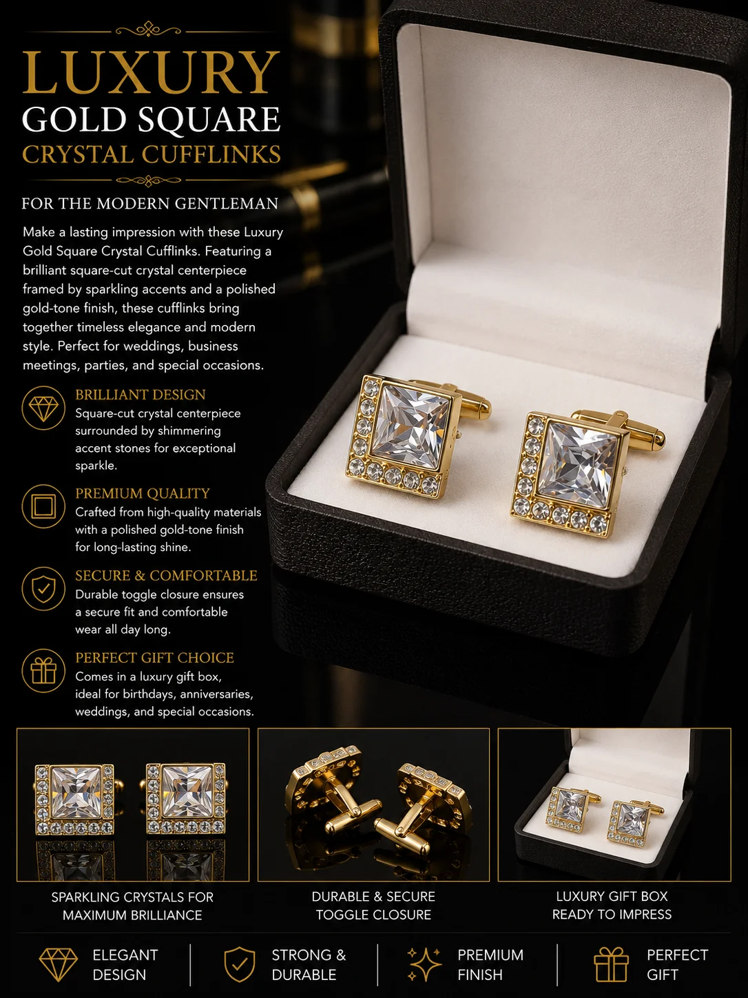 Luxury Gold ZARKAN Square Cufflinks