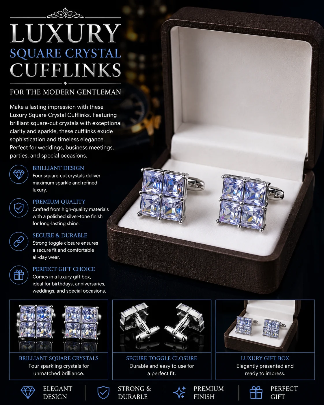 Luxury Silver Crystal Square Cufflinks for Men