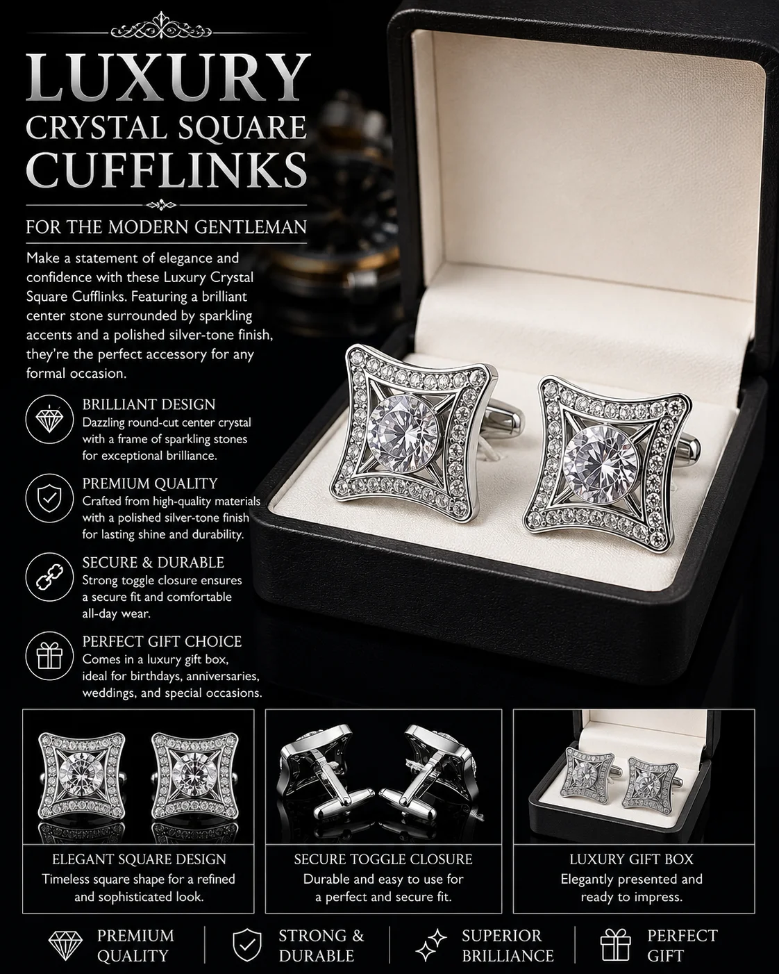 Luxury ZARKAN Square Silver Cufflinks for Men